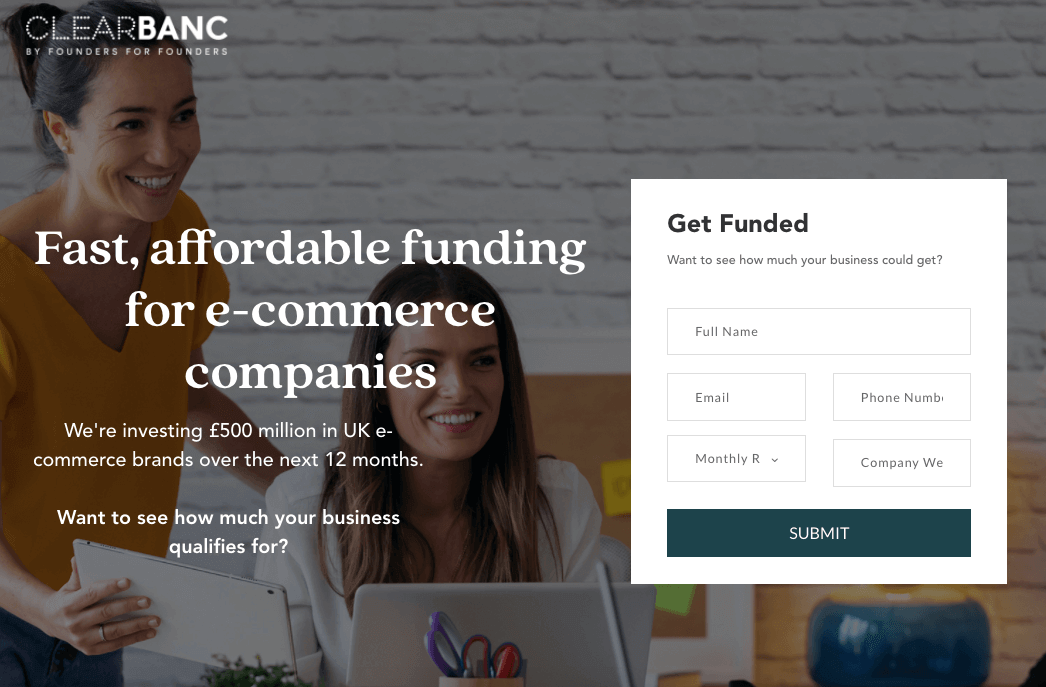 Clearbanc Landing Page Example