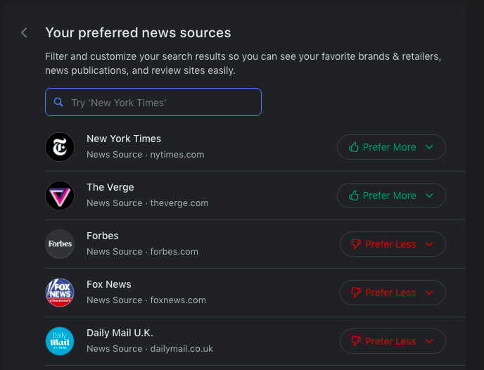 Neeva Preferred News Sources