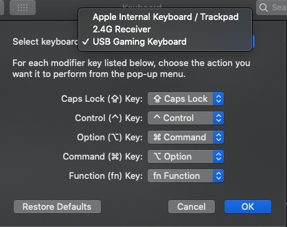 Swap Command and Option Keys macOS Catalina