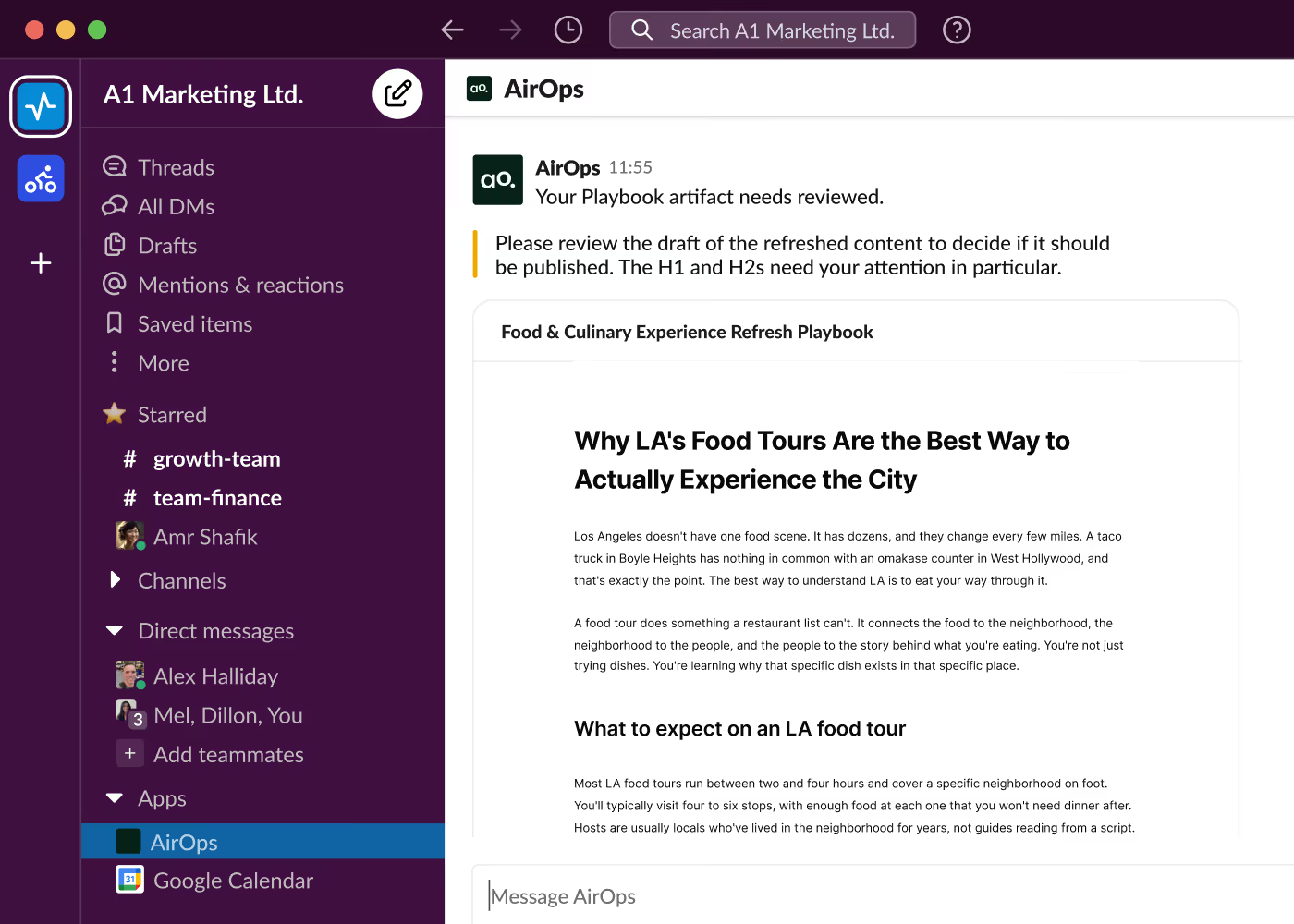 AirOps Quill approval workflow in Slack