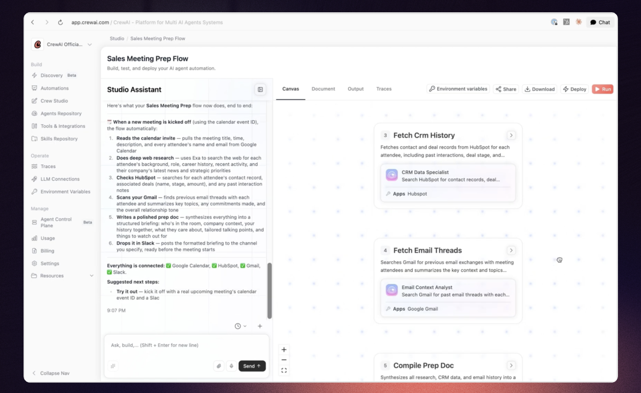 CrewAI Studio multi-agent flow interface