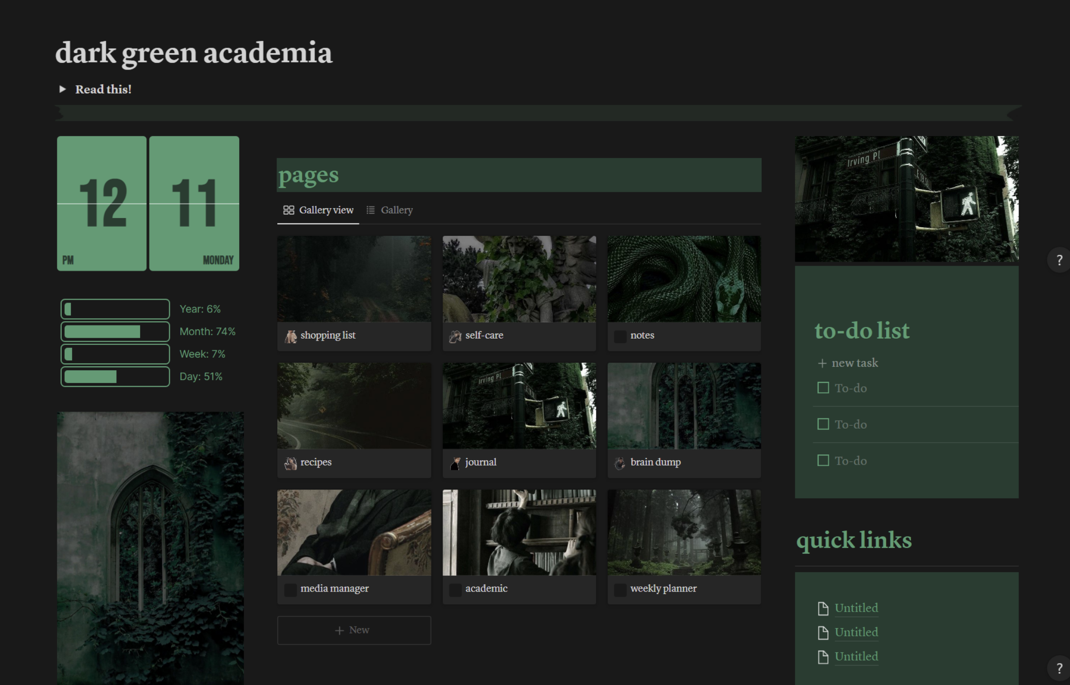 Dark Green Notion Dashboard Template