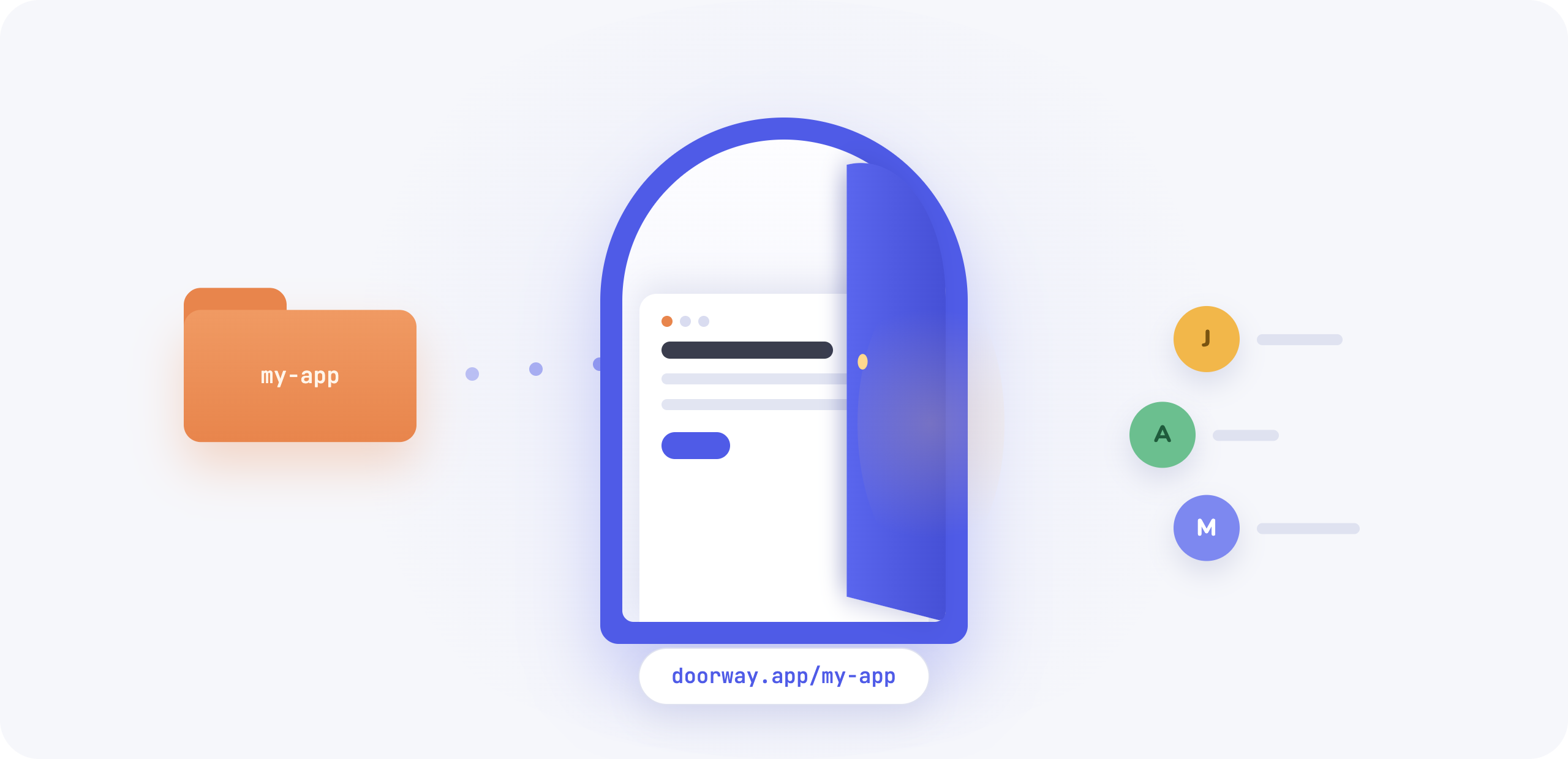 A local app folder passing through an open door and becoming a collection of shared team apps