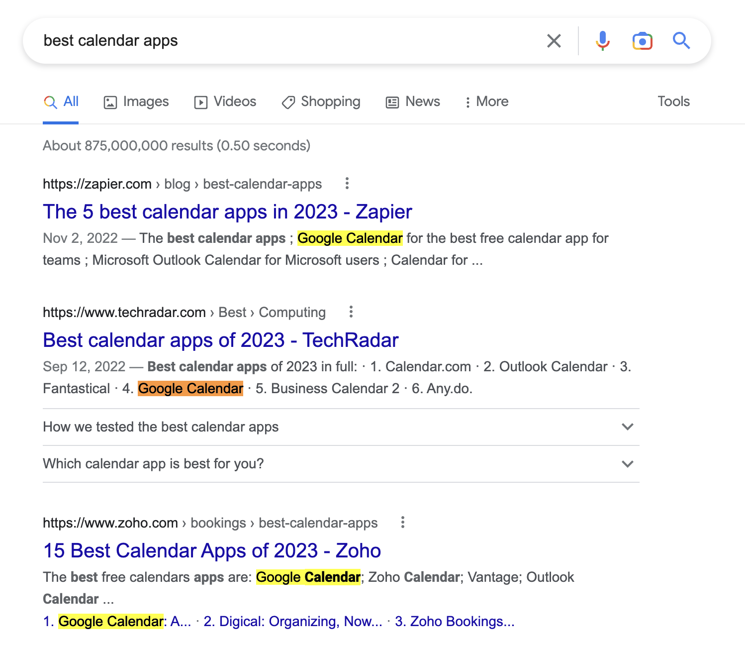 Google Screenshot of Calendar Apps All Suggeting Google Calendar