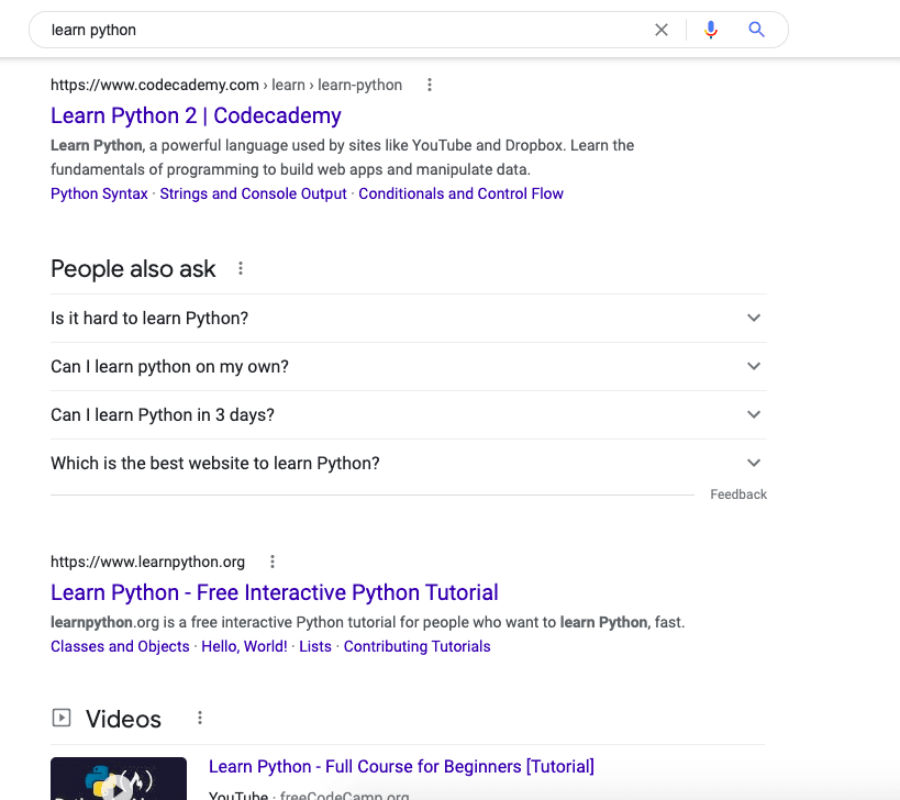 Google Learn Python Organic Result