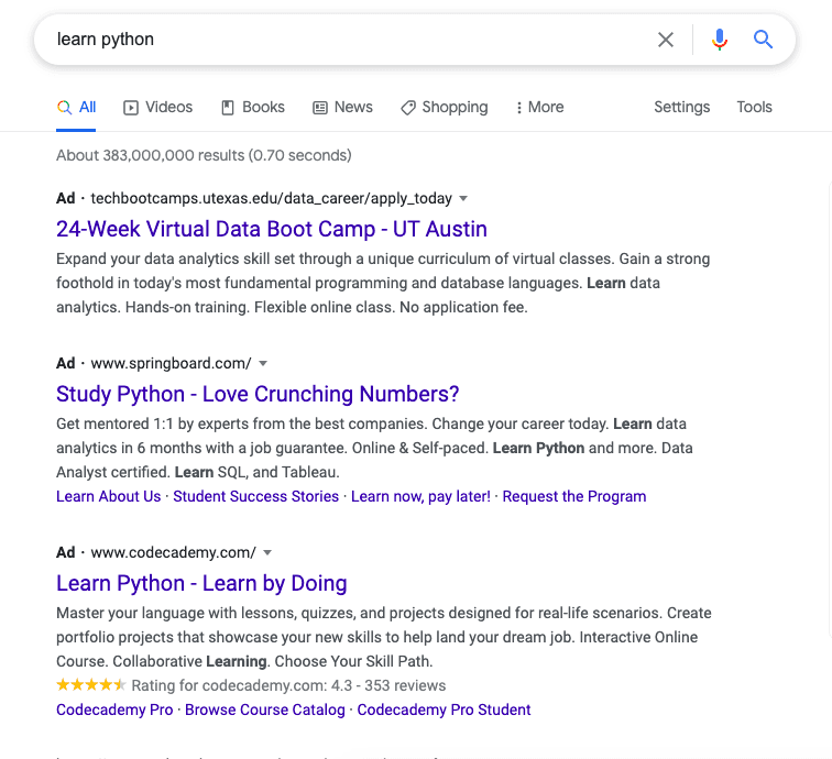 Google Learn Python Ads