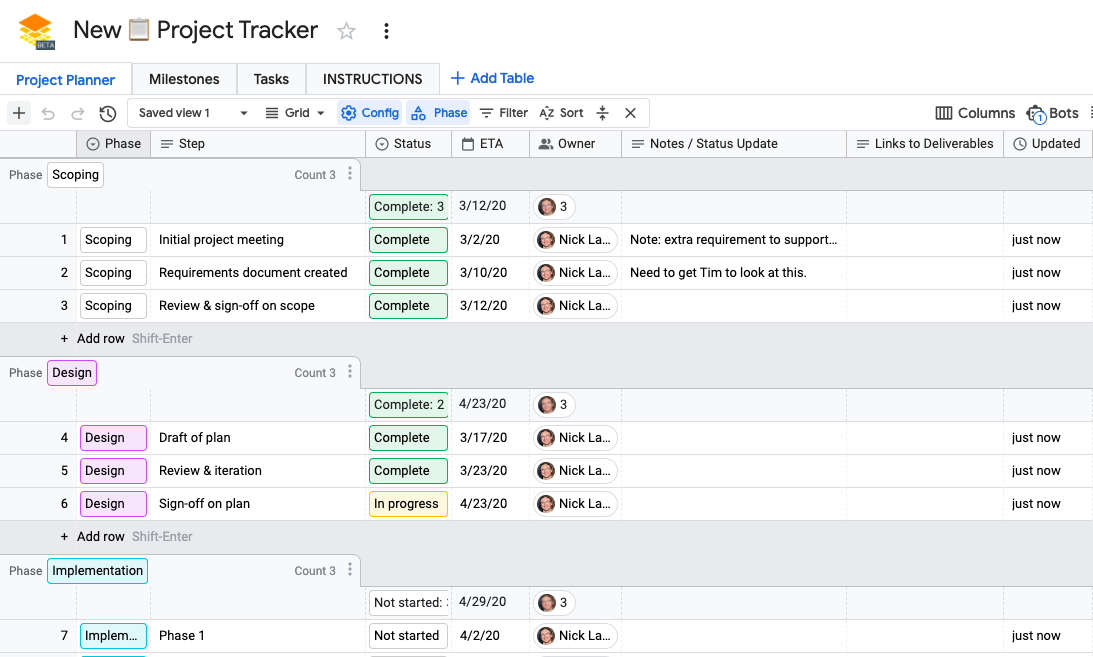 Google Tables Project Management