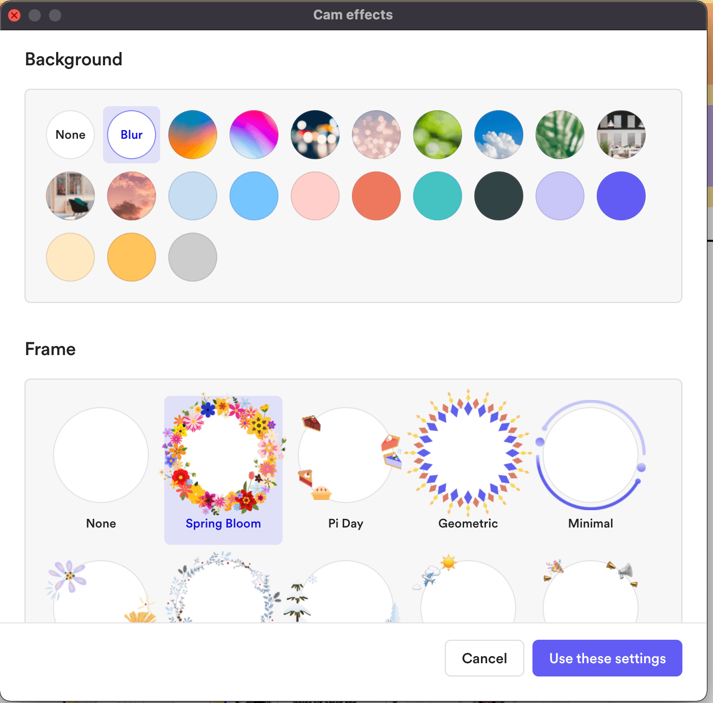 Loom camera frames and backgrounds