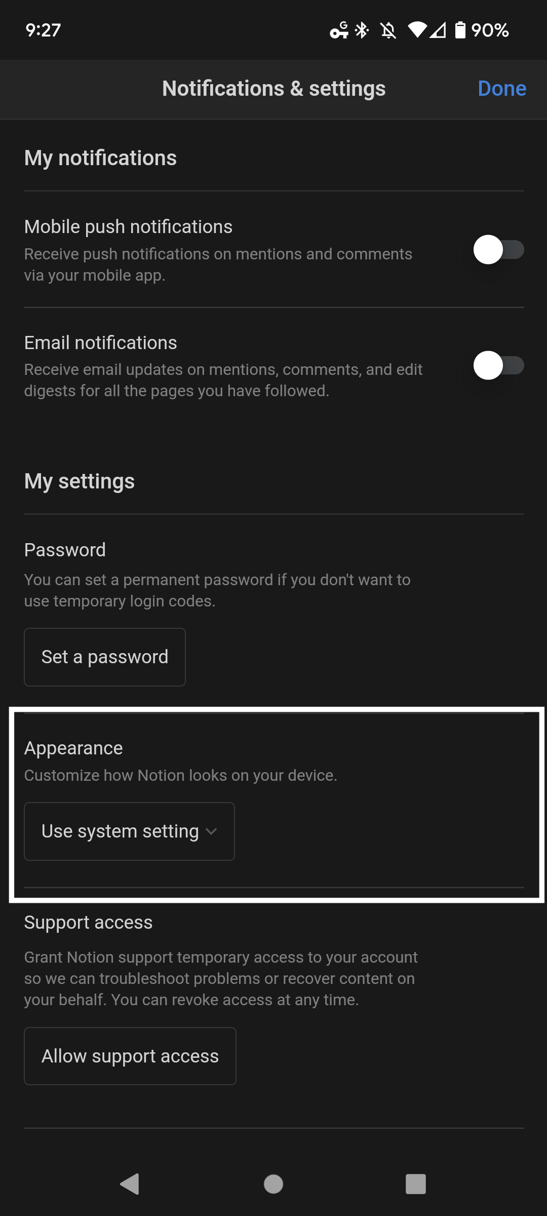 Notion Mobile App Settings