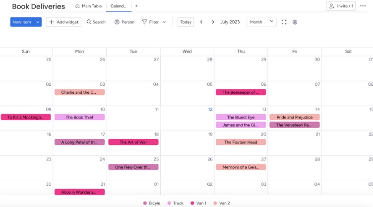 A screenshot of the Calendar View in monday.com