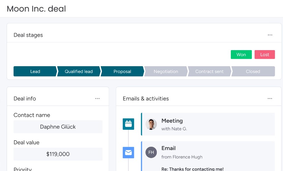 A screenshot of a deals dashboard in monday sales CRM.