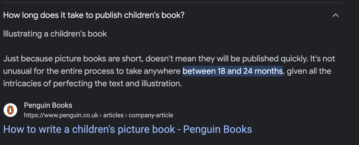 How long it takes to publish a traditional childrens book, 18 to 24 months