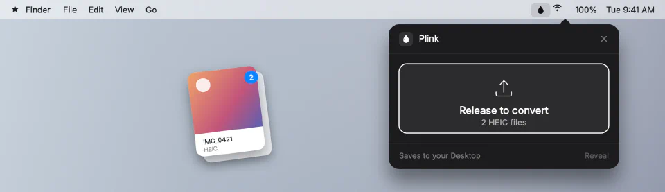 Plink, a macOS menu bar app: drag HEIC files in and release to convert