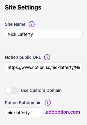 My Potion Website Settings