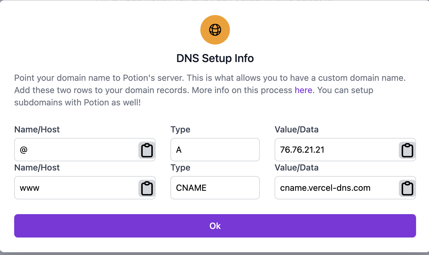 Potion Custom Domain Settings