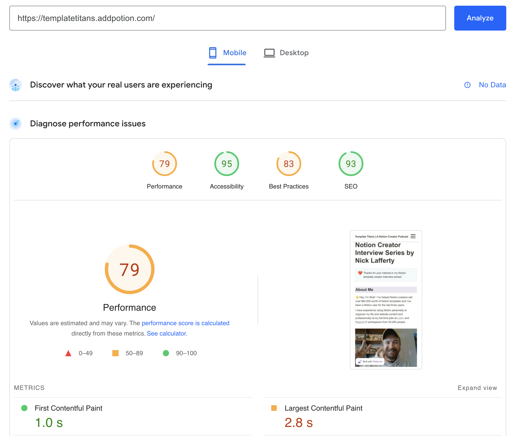 Potion Page Speed Insights Score