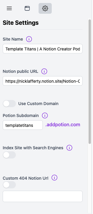 Potion Site Settings