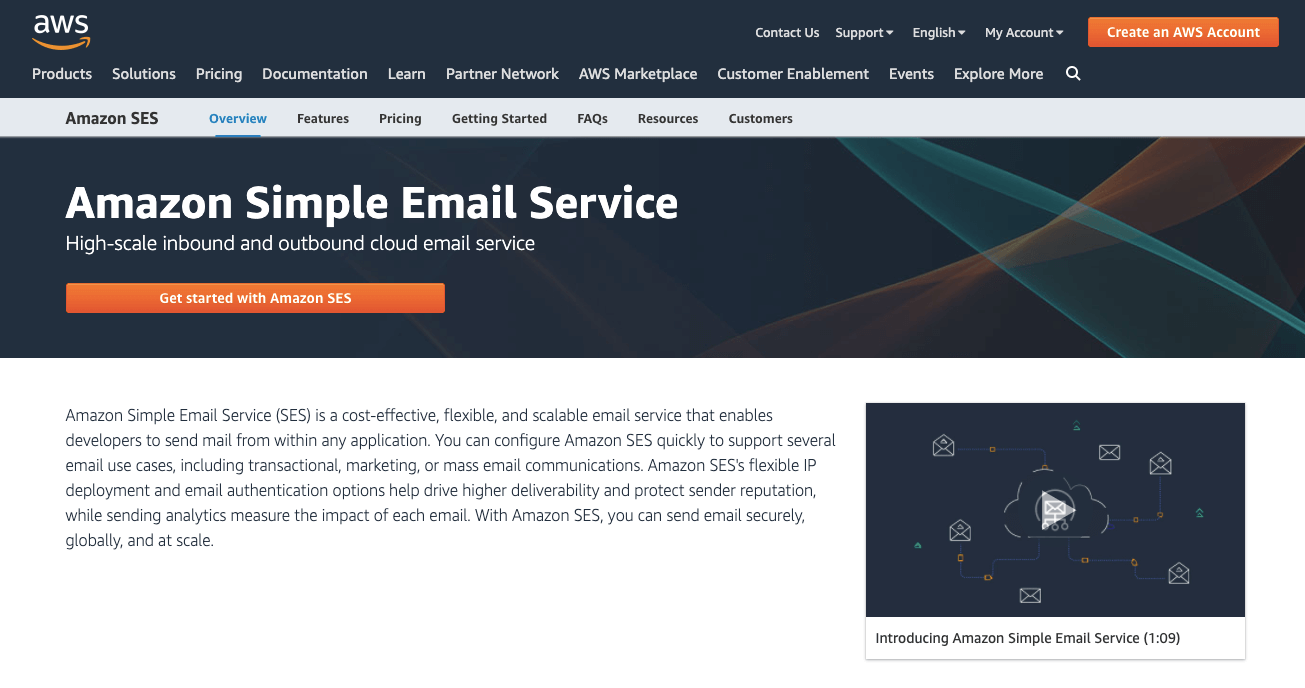 Amazon SES homepage