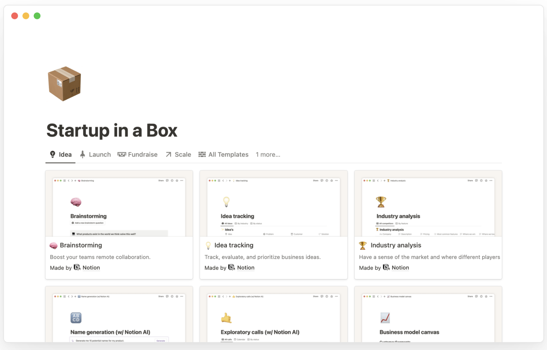 Startup in a box notion template