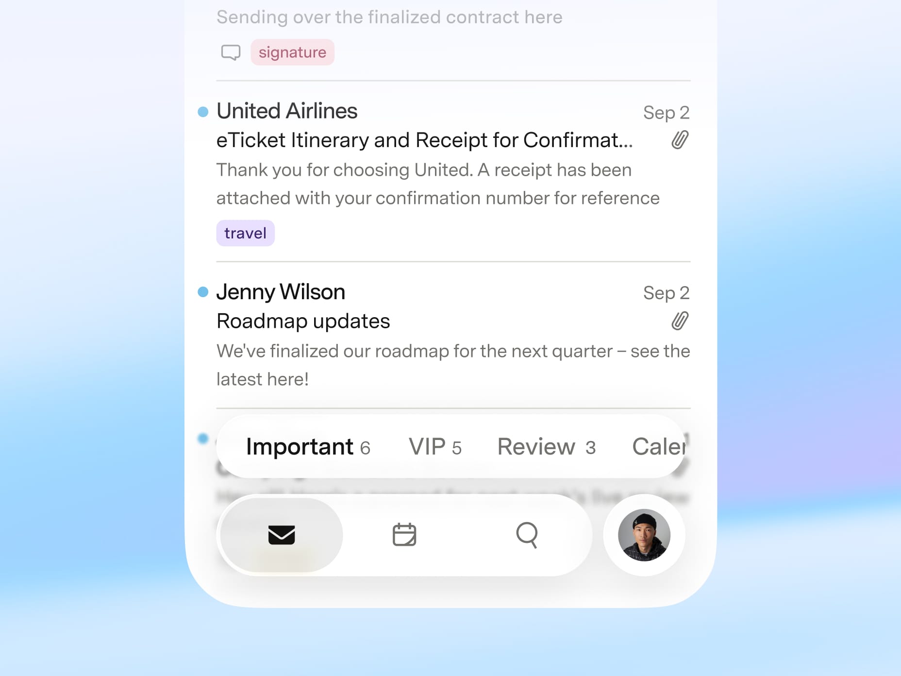 Superhuman Mail September 2026 mobile navigation with Mail, Calendar, and Search buttons